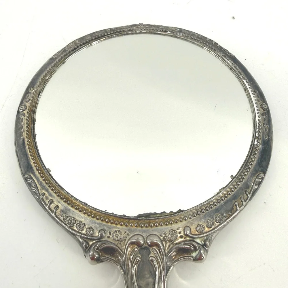 Vintage Hand Mirror Women OS Silver Ornate Floral Repousse Victorian Style